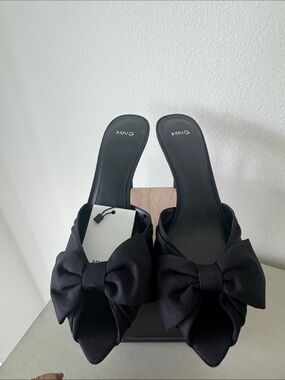 Mango Black Bow Satin Mule Heels
